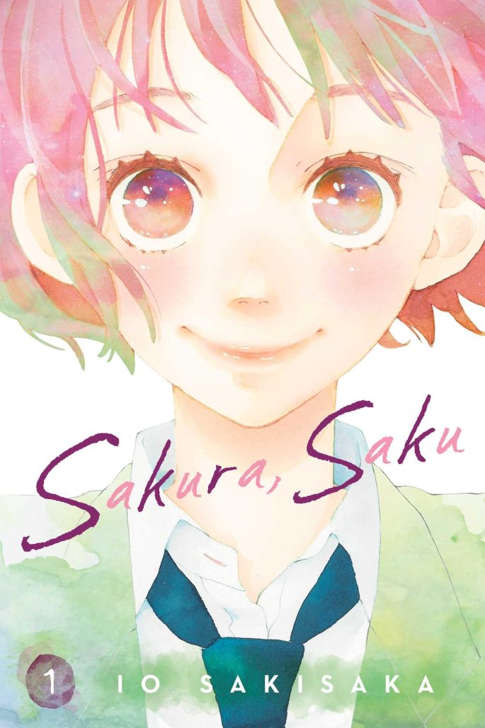 sakura saku cover. young smiling woman wearing green school uniform blouse stares at the reader