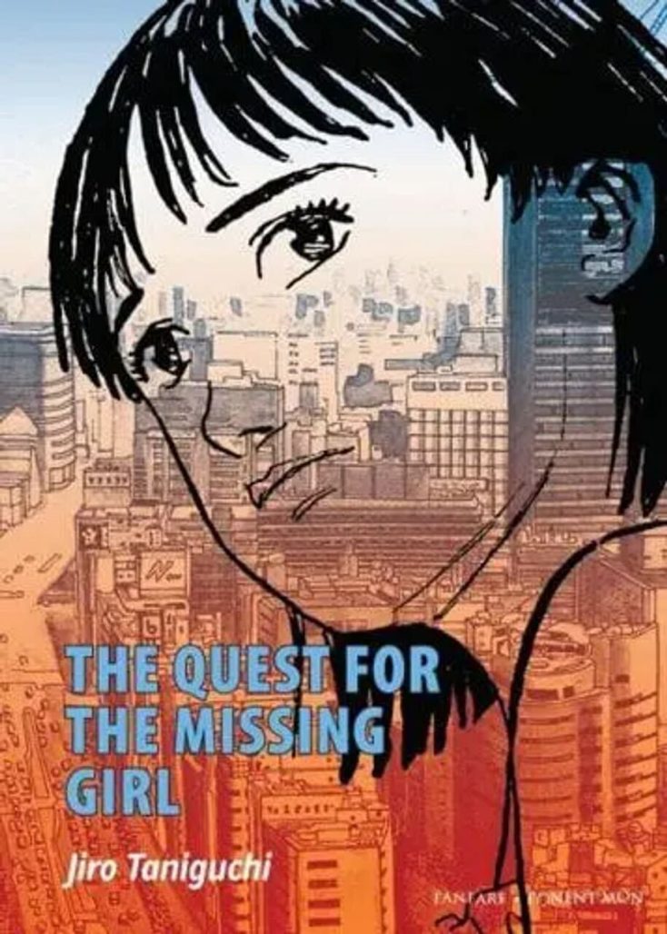 the quest of the missing girl cover. silhouette of young woman looks out, superimposed on red and black cityscape and blue gradient sky