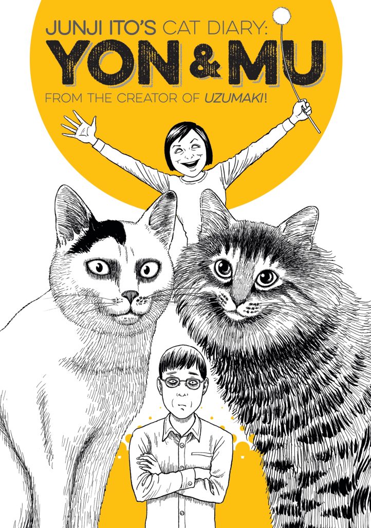yon and mu cover. two fluffy cats take center stage together with junji ito's excited wife (up top) and a scowling ito crossing his arms (on the bottom)