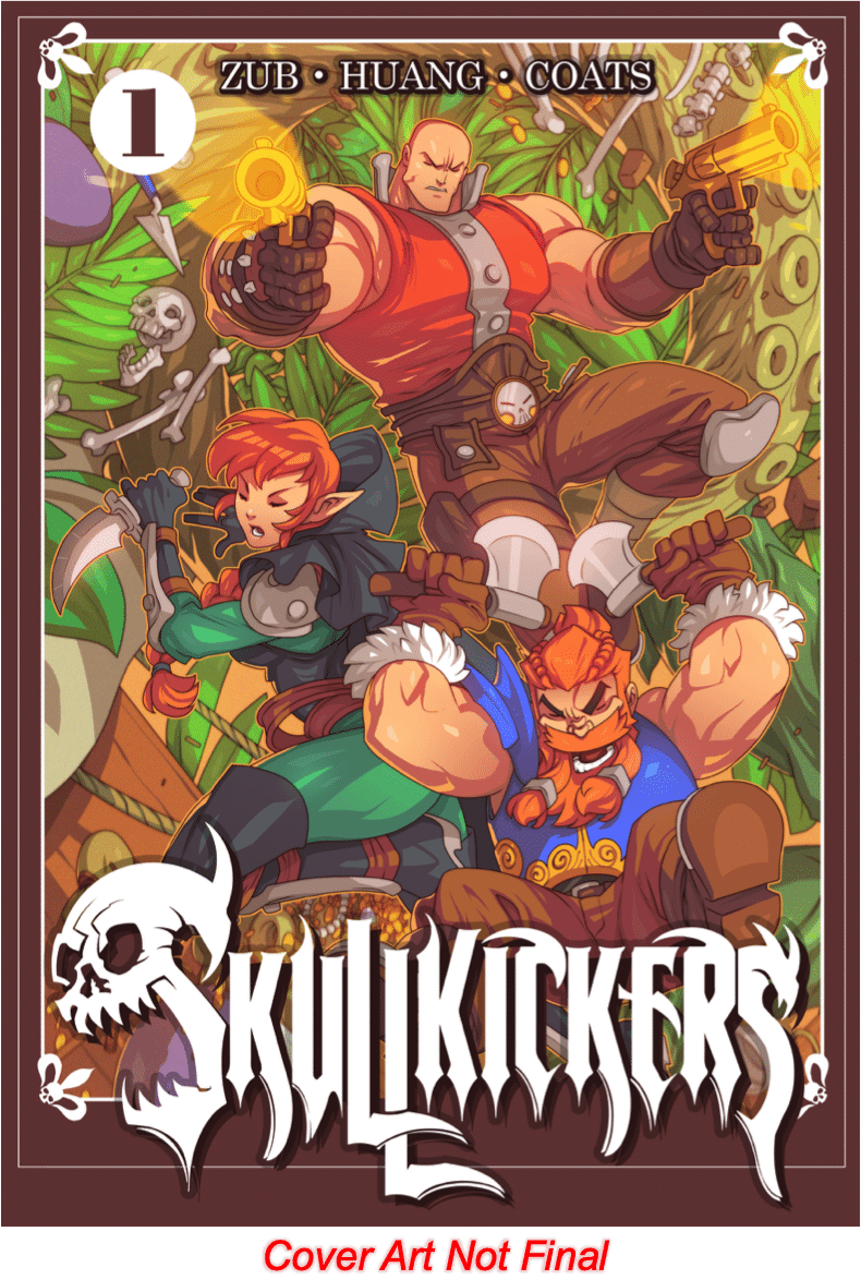 Comic art of the three skullkickers, including a dwarf wielding two axes, an elf with a dagger, and a warrior with two guns
