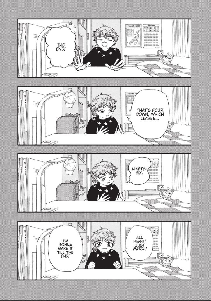 four panels showing a little boy talking into a camera