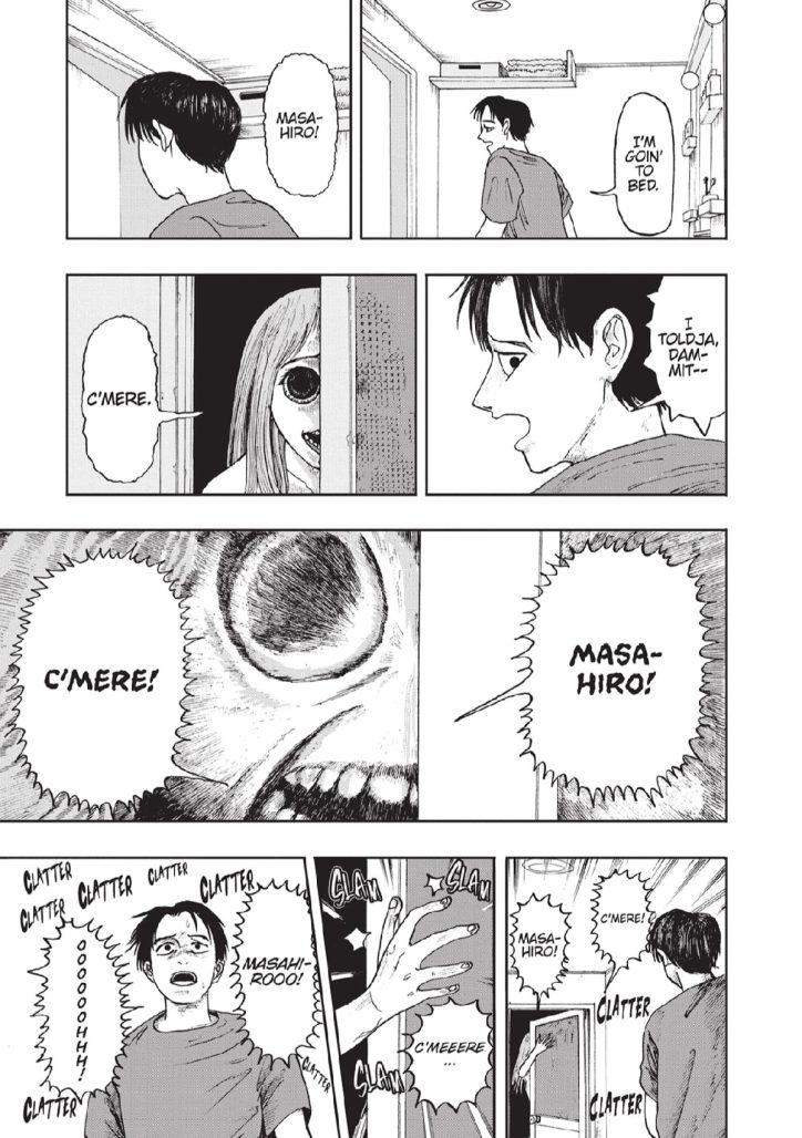 a woman with freaky black eyes is standing at the door telling her boyfriend to come to her