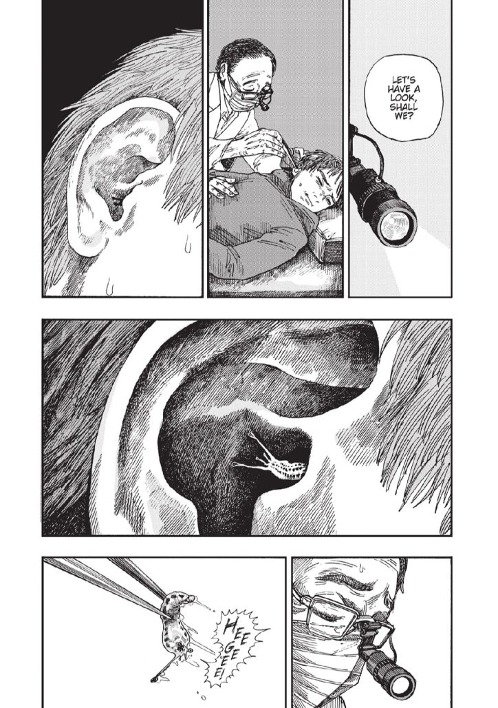 a doctor pulls a slug out of a man's ear