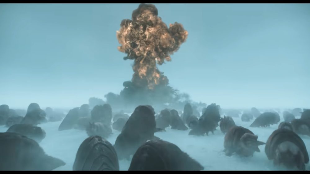 worm-like aliens run from an explosion over the snowy horizon