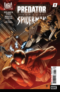 Predator Versus Spider-Man# 1 cover by Marcelo Ferreira, Jay Leisten, and Frank D’Amarta.