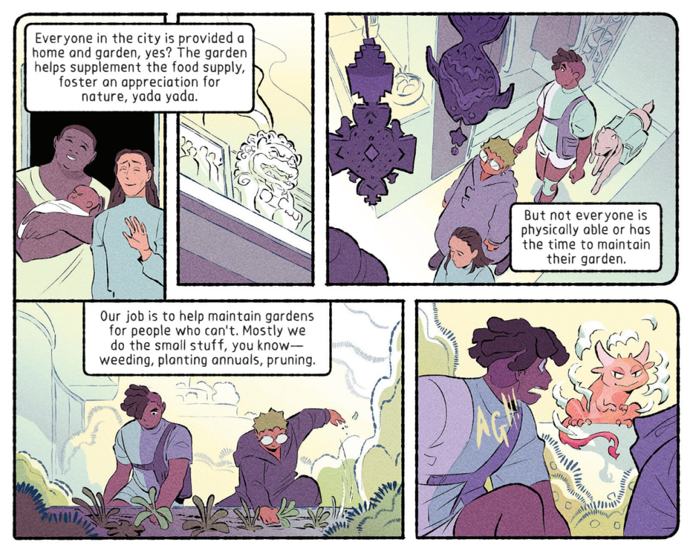 Fior explains their gardening service to Oberon, who is distracted by a dream manifestation.