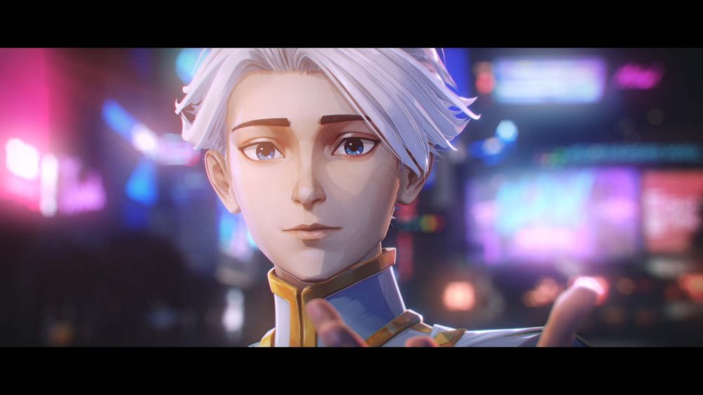 Nice, a man with carefully groomed white hair who is wearing a superhero costume, has an unreadable expression on his face. Neon city lights can be seen behind him.