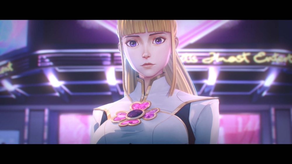 Moon, Nice's girlfriend. She is wearing a superhero suit with a pink flower design on her chest and has long blonde hair.