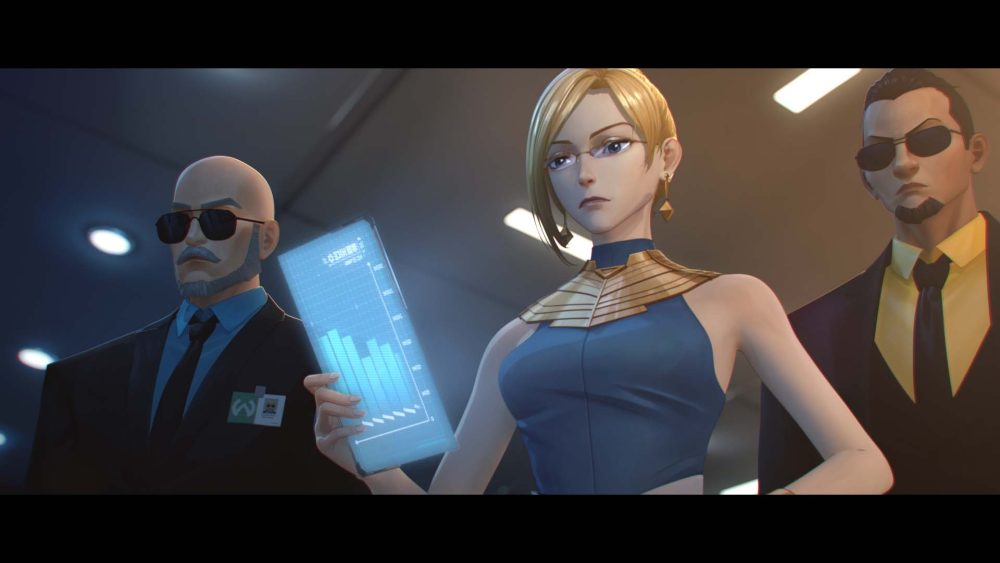 A blonde-haired woman wearing glasses holds a tablet. To her left and right are anonymous men wearing black suits, ties and sunglasses.