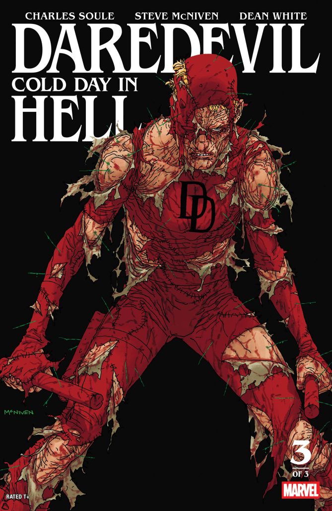 Daredevil looking extensively battle damaged on the cover to Daredevil: Cold Day in Hell #3