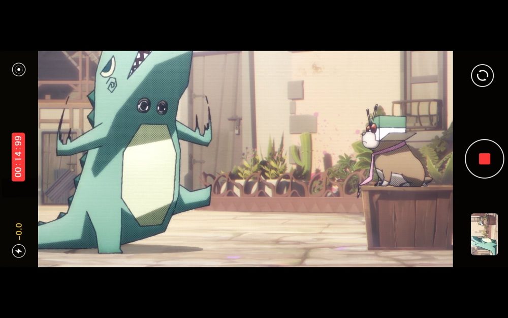 a scene from to be hero x. a girl wearing a large dinosaur costume intimidates ahu, who is wearing a box-shaped kamen rider mask while sitting on a wooden crate. a small garden can be seen in the background alley.