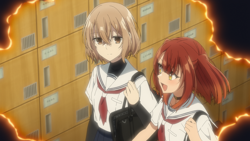two high school girls walk together past a wall of lockers. the corners of the image are burned.