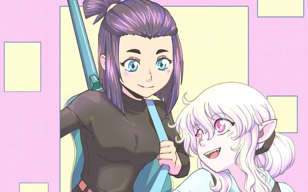 two girls staand together. one of them has pointy ears and teeth as well as red eyes. the other has a blue guitar slung over her shoulder.